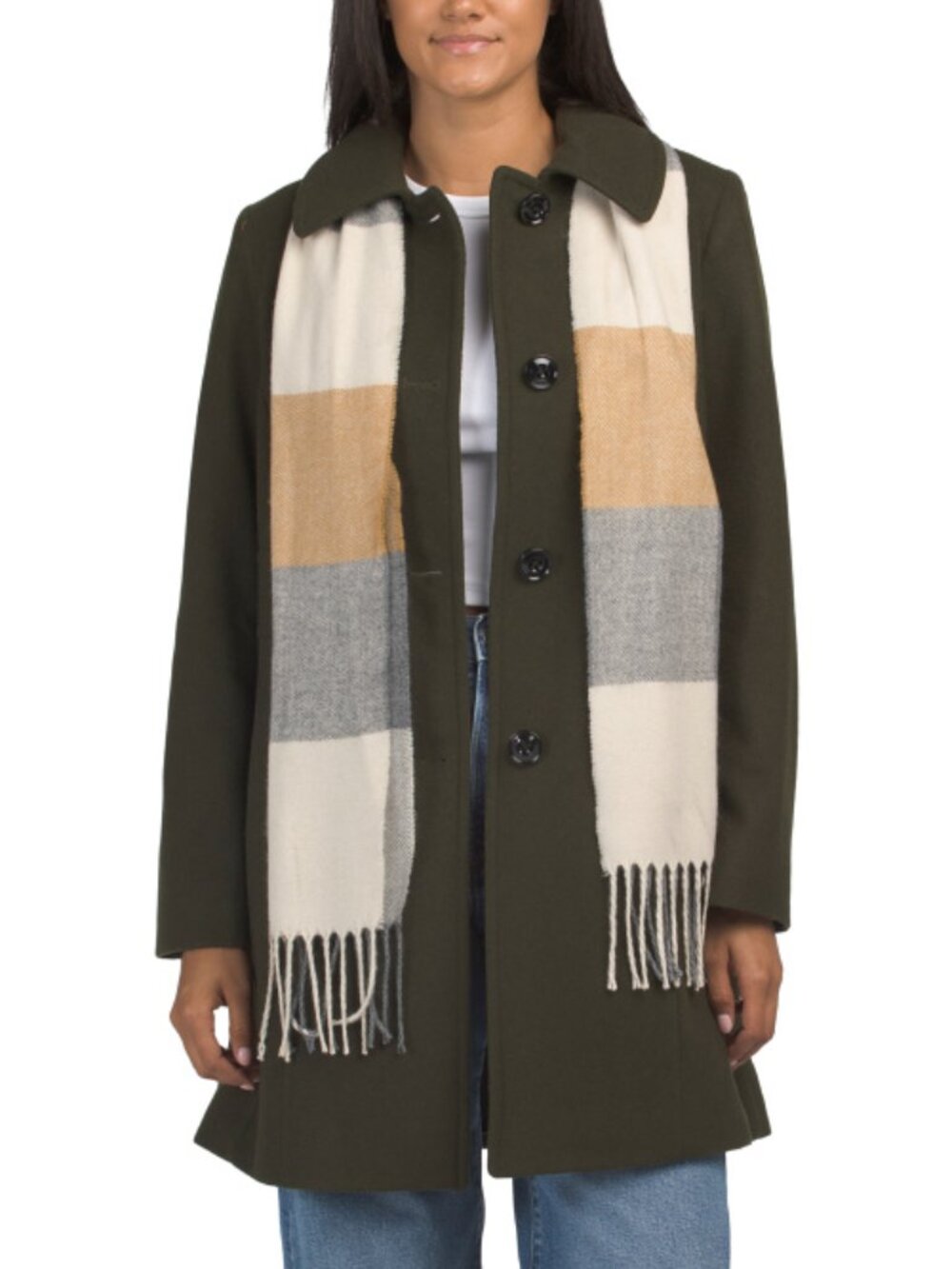 LONDON FOG Wool Blend Single Breasted Collared Coat With Scarf